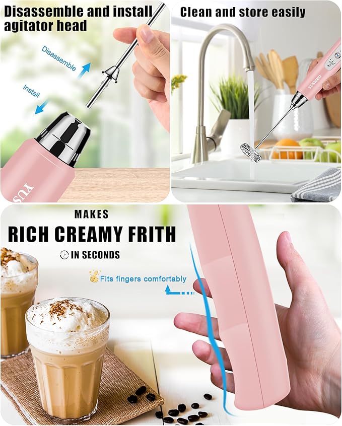YUSWKO Rechargeable Milk Frother Handheld Frother Wand Drink Mixer for Coffee, Electric Whisk 3 Speed Adjustable, Coffee Foamer Maker with 3 Stainless Whisks Ideal Stirrers for Travel - Pink