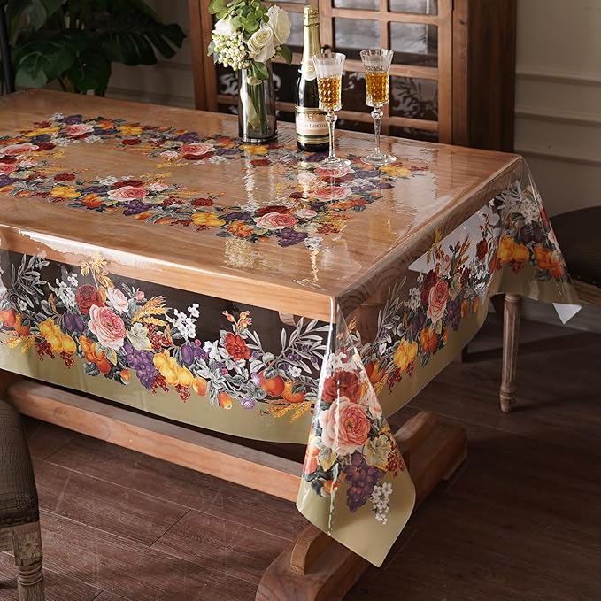Clear Table Cover Protector Vinyl PVC Rectangle Table Cloth with Floral Fruit Pattern Oil Spill Proof Plastic Tablecloths for Dining Tables Parties Holidays (Floral Fruit, 55 x 120 Inches)
