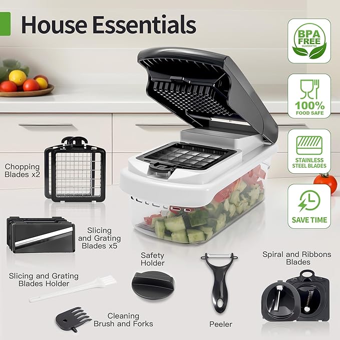 18-in-1 Vegetable Chopper Mandoline Slicer for Kitchen, Food Chopper with Container, Veggie Cutter, Onion Mincer Tomato Dicer, Fruit Slicer Spiralizer, Cheese Grater, Kitchen Gadgets House Essentials
