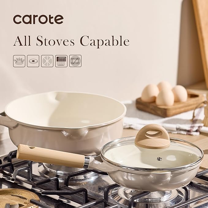CAROTE 10" Ceramic Frying Pan with Lid, Non Stick Frying Pan Skillet Chef's Pan, Healthy & PFOA/PFAS Free, Induction-Compatible, Taupe