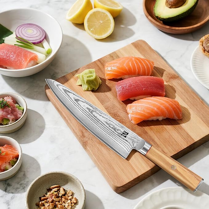 Damascus Chef Knife, 8 Inch Damascus Japanese Chef's Knife with VG10 High Carbon Steel, Professional Kitchen Knife with Olive Wood Handle & Gift Box, Sharp Cooking Knives for Home Kitchen Gift Idea