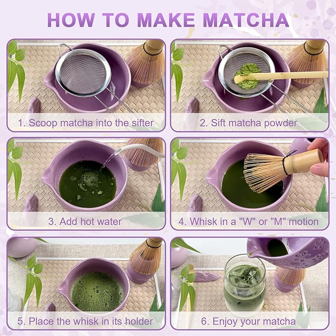 Matcha Set–7-Piece Set Including Matcha Bowl with Spout, Whisk, Chasen Holder, Sifter, Bamboo Scoop with Stand, wood spoon(Cherry Blossom Purple)–Perfect for Matcha Lovers&Tea Ceremonies