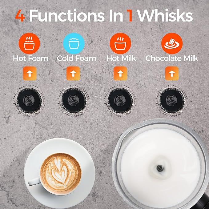 Milk Frother, 4-in-1 Electric Milk Steamer, 11.8oz/350ml Large Capacity for Auto Warm/Cold Foam, Heating Milk for Coffee, Latte, Macchiato, Cappuccino, Hot Chocolate (Black)
