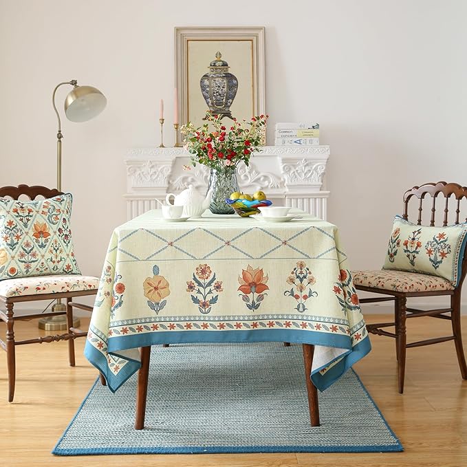 ISAENNE Designer Linen Floral Long Tablecloth Rectangle,Light Green Farmhouse Durable Table Cloth,Washable Decor Tablecloths for Dining Kitchen Thanksgiving Christmas,63"*102"-Floralsea B