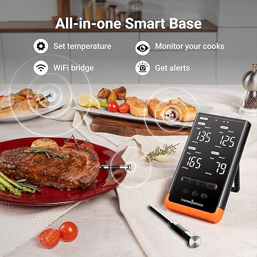 ThermoMaven Wireless Bluetooth Smart Meat Thermometer: Standalone Base, WiFi Thermometer with Sub-1G, 6 Sensors NIST Certified Accuracy, 4 Probes, for Kitchen, BBQ, Grill, Oven, Smoker, Rotisserie