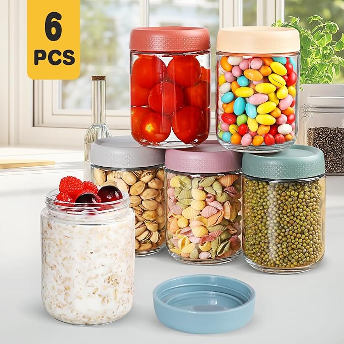 16 oz Glass Jars with Airtight Lids, Wide Mouth Mason Jars, Glass Storage Containers for Fruit, Overnight Oats, Salad Dressing, Sauce, Cereal, Yogurt, Snacks (6)
