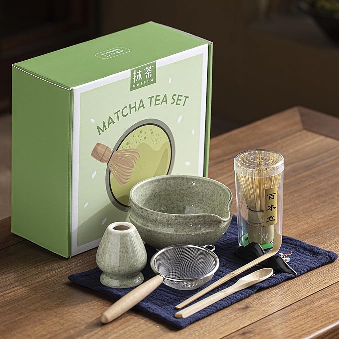 Matcha Whisk Set – 8 Pcs Matcha Set with Ceramic Bowl with Spout, Bamboo Whisk, Holder, Scoop, Sifter, and Tea Towel – Complete Japanese Matcha Kit for Ceremony and Gift (Matcha Green)