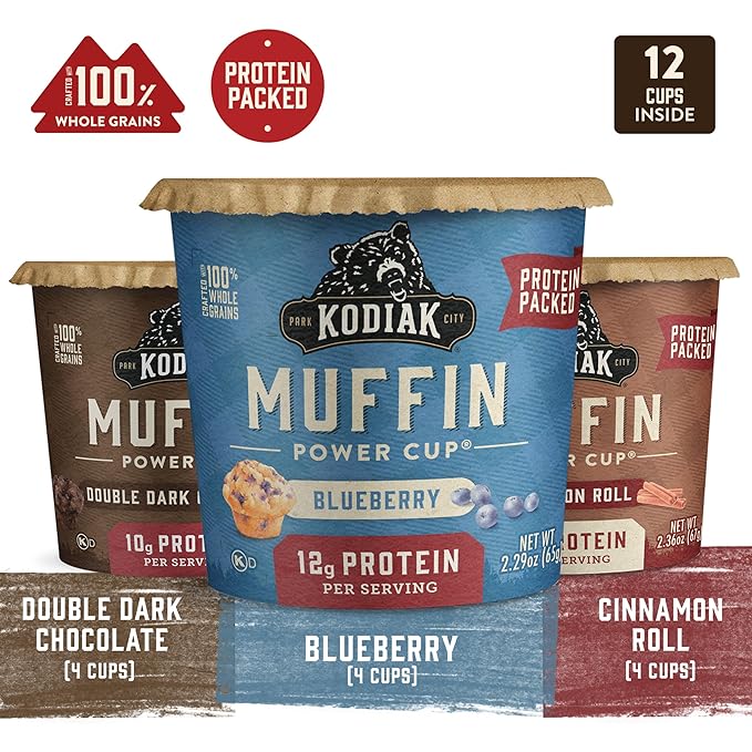 Kodiak Cakes Minute Muffin Cup Variety Pack - 100% Whole Grains, Double Dark Chocolate, Blueberry & Cinnamon Roll (Pack of 12)