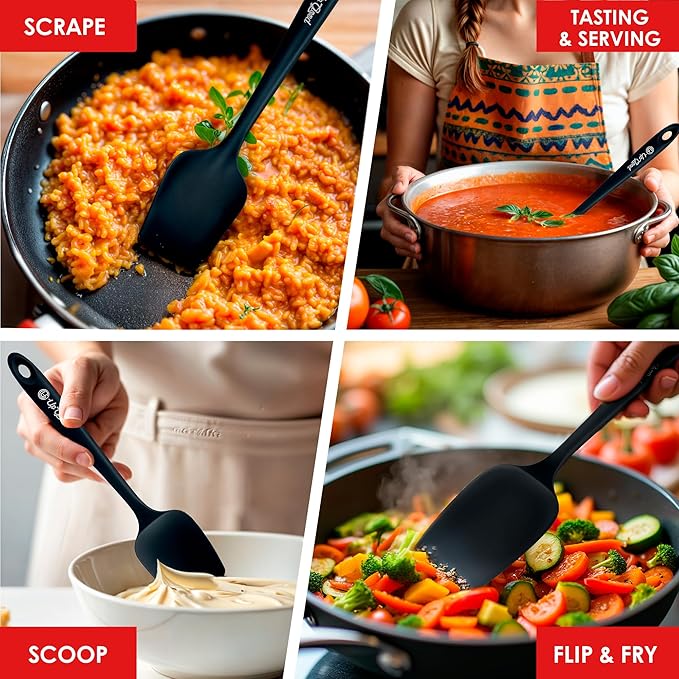 Silicone Spoon Spatula - 600ºF Heat-Resistant Non-Stick Rubber Spoonula | Use as Silicone Kitchen Scraper Utensil - Baking and Cooking Strong Stainless Steel Core | UpGood Kitchen Utensils, (Black)