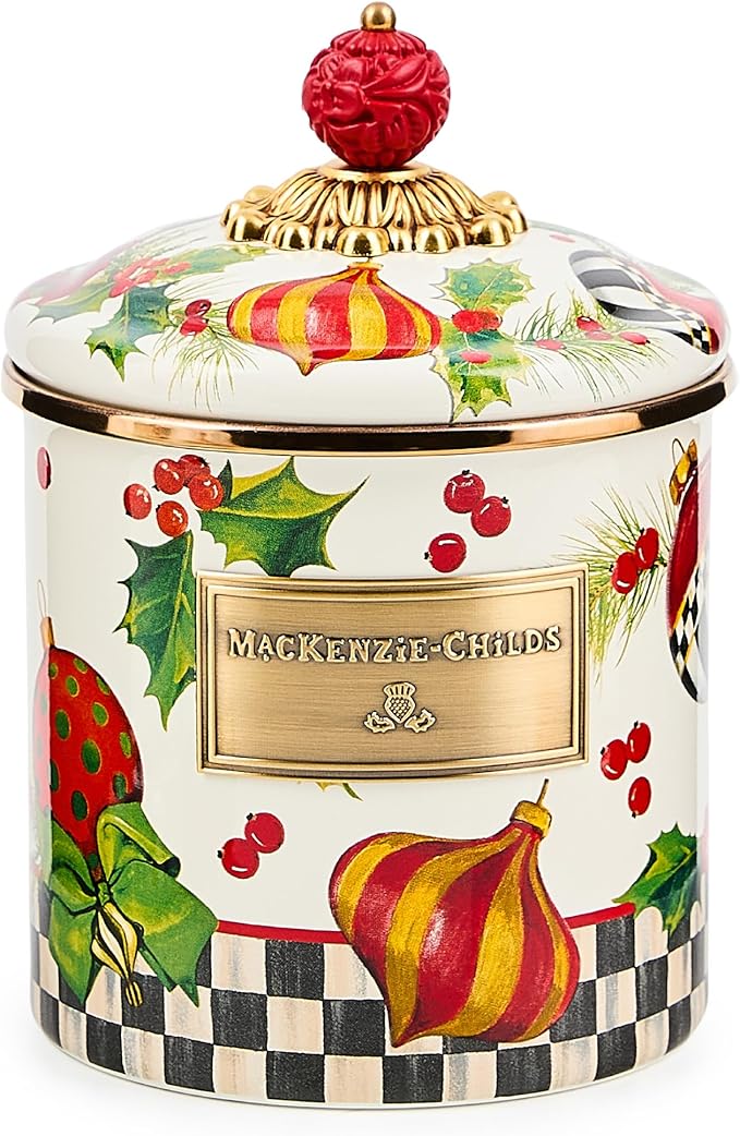MACKENZIE-CHILDS Enamel Canister, Kitchen Storage Container with Lid, Small, Deck The Halls