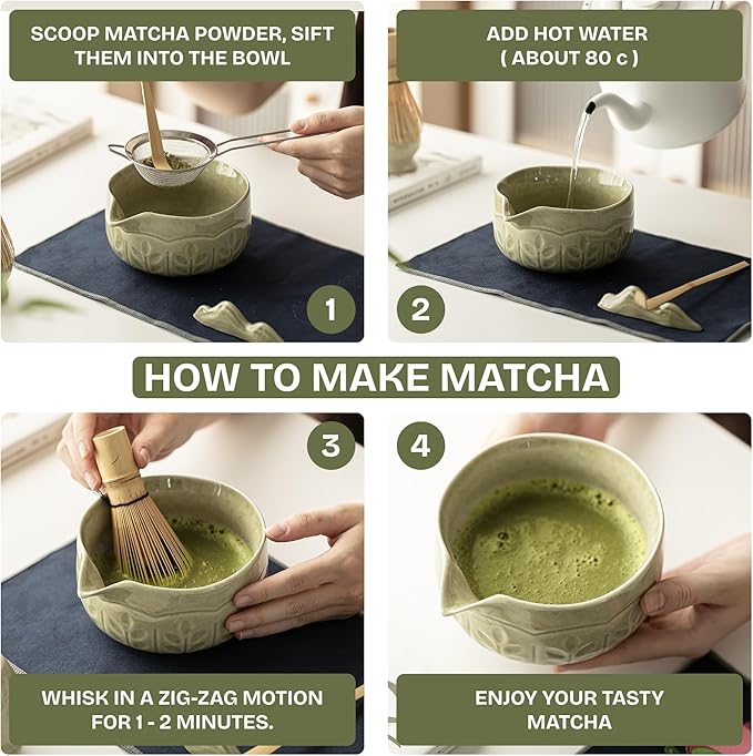 Matcha Whisk Set, 7 PCS Matcha Kit with Matcha Bowl with Spout, Bamboo Matcha Whisk and Scoop, Matcha Accessories & Sifter – Complete Matcha Set for Tea Lovers, Matcha Gift Set (Green)