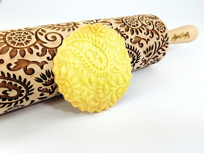 INDIAN embossing rolling pin with Indian Paisley Pattern. Dough roller for embossed cookies and Pottery by Algis Crafts
