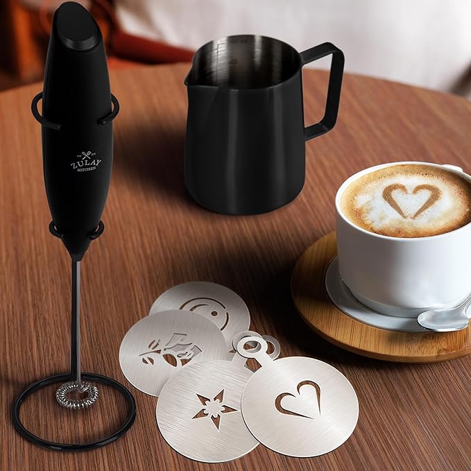Zulay Premium Gift Milk Frother Set – Handheld Coffee Frother with Stand, 12oz/350ml Frothing Pitcher + 4 Latte Art Stencils – 13,000 RPM Motor, SS Whisk, Battery Operated – Barista Kit (Exec Black)