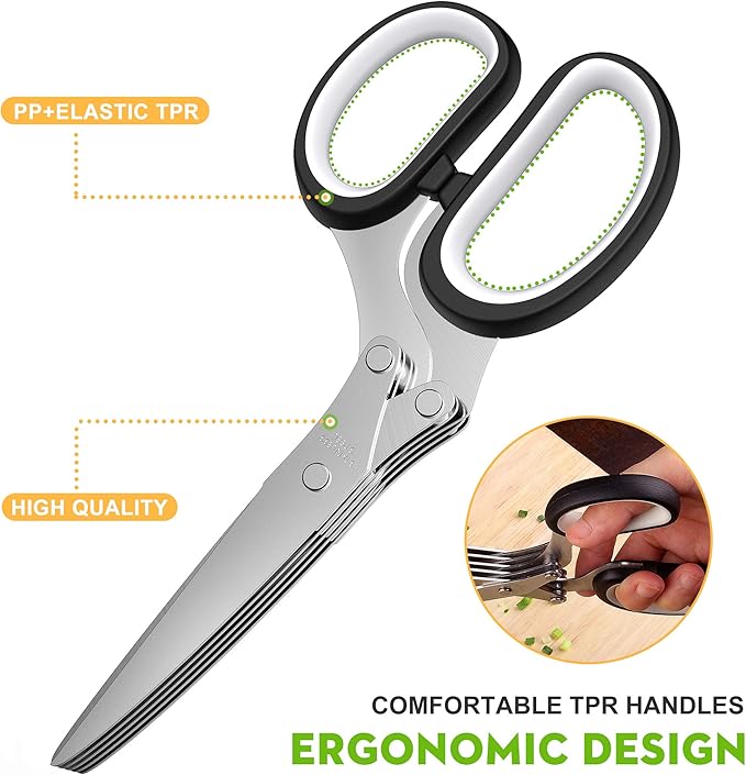 Herb Scissors Set - Updated 2025 Cool Kitchen Gadgets for Cutting Fresh Garden Herbs - Herb Cutter Shears with 5 Blades and Cover, Sharp and Anti-rust Stainless Steel, Dishwasher Safe (Black-White)