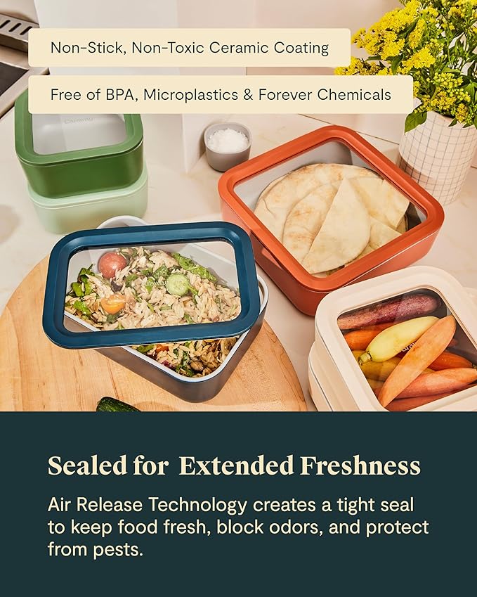 Caraway 22pc Glass Food Storage Set - Storage Containers for Food - Non-Toxic Ceramic-Coated Glass - Air Release Technology - Compact & Stackable Design - Mist