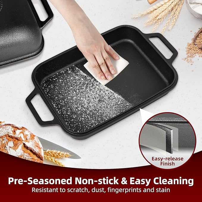Davivy 9QT Large Dutch Oven for Sourdough Bread with Silicone Baking Mat, Pre-Seasoned Non-stick Cast Iron Sourdough Loaf Pan, Cast Iron Sourdough Baking Pan Large Capacity