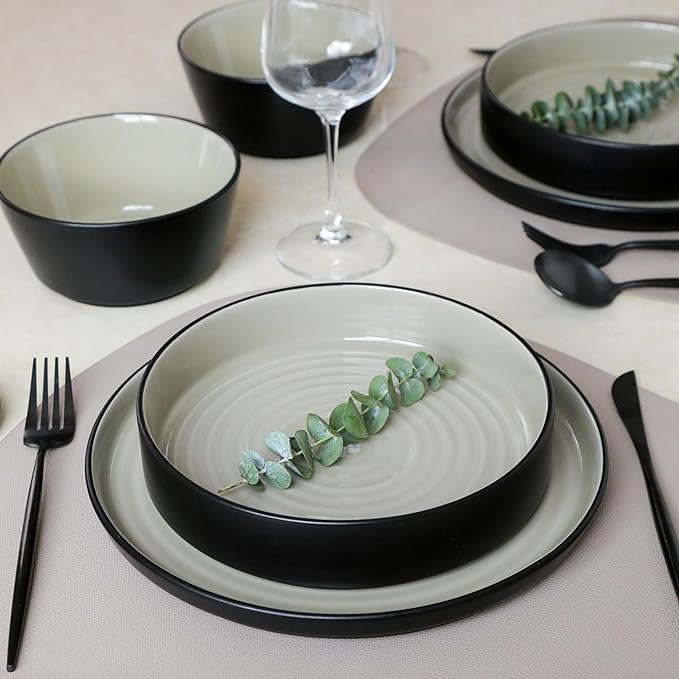 Stone Lain Elica Stoneware 12-Piece Dinnerware, Plates and Bowls Sets, Service for 4, Beige and Black, Modern Dishware, Microwave & Dishwasher Safe