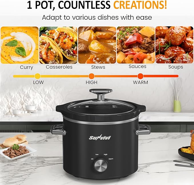 Sunvivi 2 Quart Slow Cooker, Small Slow Cooker with Removable Ceramic Pot, Food Warmer with 3 Heating Settings & Dishwasher Safe Glass Lid, Black