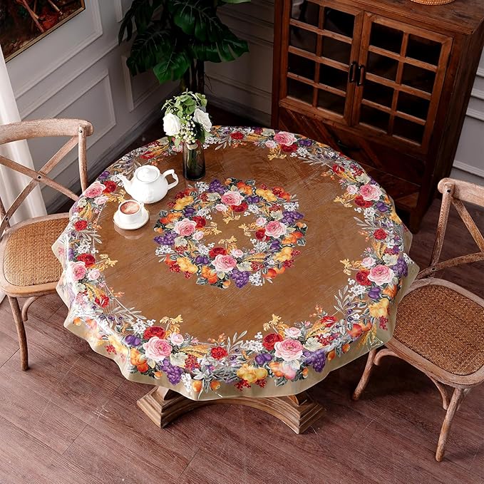 Clear Table Cover Protector Vinyl PVC Round Table Cloth with Floral Fruit Pattern Oil Spill Proof Plastic Tablecloths for Dining Tables Parties Holidays (Floral Fruit, 55 Inches Round)