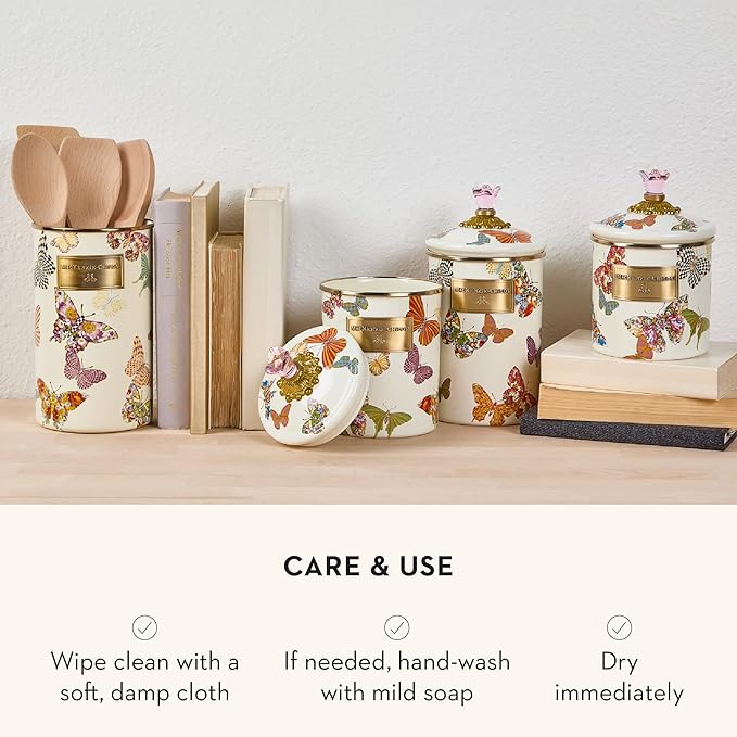 MACKENZIE-CHILDS Butterfly Garden Enamel Canister, Pretty Kitchen Storage Container with Lid, Medium