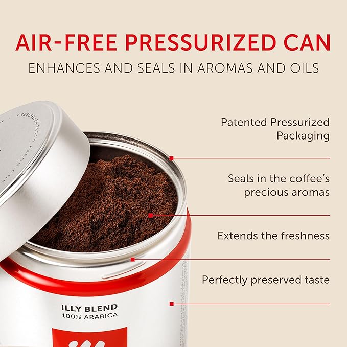 Illy Ground Espresso Coffee, Classico Medium Roast - Mild & Balanced - 100% Arabica - Pre-Ground for Espresso - Pressurized Packaging Sealed for Freshness -8.8oz (Pack of 6)