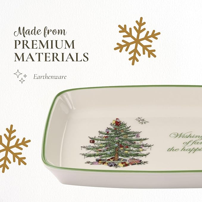 Spode Christmas Tree Rectangular Sentiment Tray (7" x 5") - Festive Earthenware Serving Plate for Holiday Snacks, Side Dishes, Treats, Durable Christmas Tableware - Microwave & Dishwasher Safe