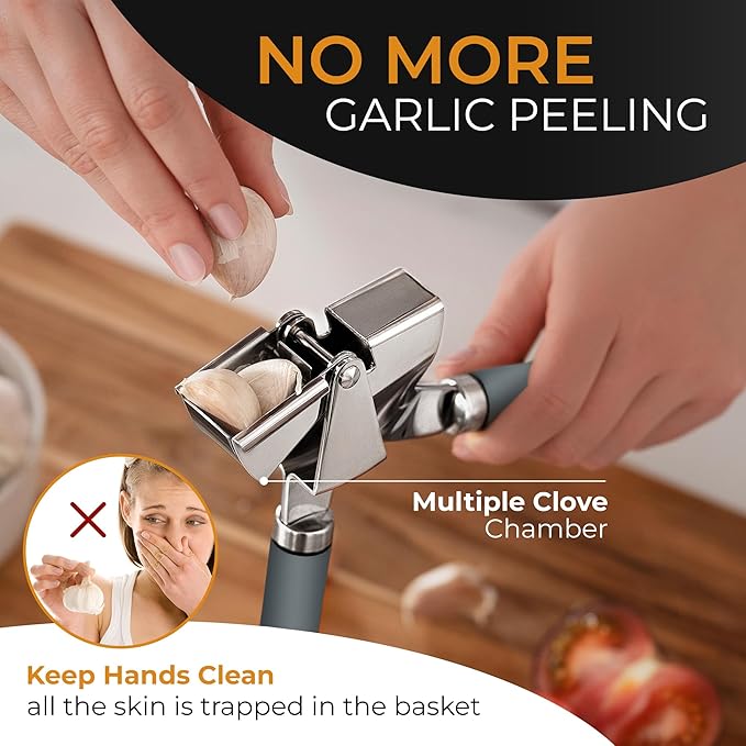ORBLUE Garlic Press Stainless Steel - Premium Professional Grade Garlic Mincer, Crusher & Peeler Set - Easy Clean, Dishwasher Safe & Rust-proof, Gray