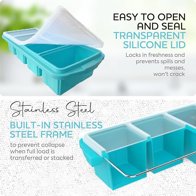 Silicone Freezer Tray With Lid - Soup Freezer Container molds - Large Ice Cube Tray- makes 8 perfect 1 cup portions cubes, 2-Pack Freezer Storage Food Soups & Meal Prep - Oven & Dishwasher -Safe
