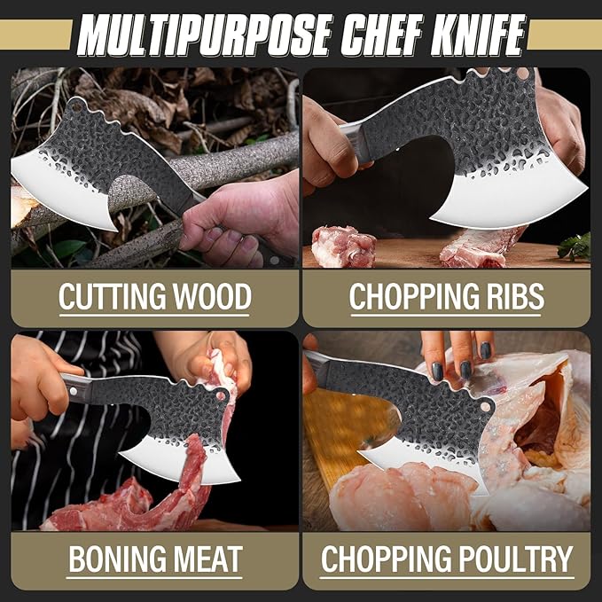 Dream Reach Meat Cleaver Heavy Duty Bone Chopper High Carbon Bone Cutting Knife Hand Forged Butcher Knife with Cover for Kitchen Outdoor BBQ