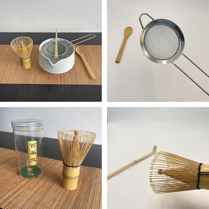 Matcha Whisk Set 4 Pieces Set for Matcha Beginners, Including a Traditional Bamboo Whisk, Spoon, Tea Sieve and Bamboo Spoon