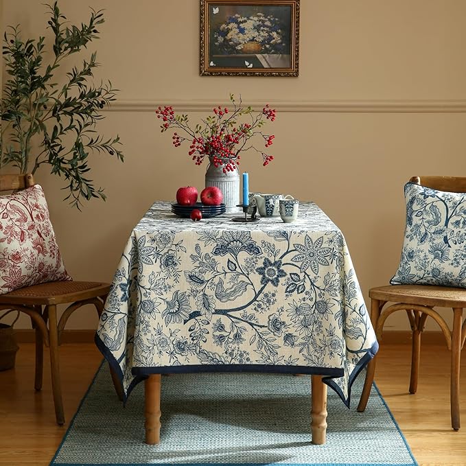 ISAENNE Designer French Linen Small Rectangular Tablecloth,Blue Floral Washable Indoor Table Cloth,Durable Home Decor Tablecloths for Dining Thanksgiving Kitchen Party Christmas,55"*71"-Ruyi B