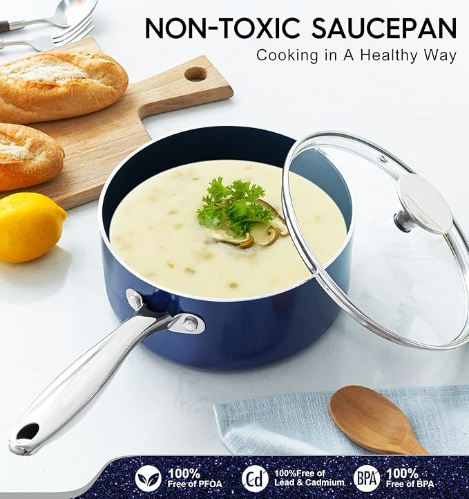 MICHELANGELO 3 Quart Saucepan with Lid, Nonstick Ceramic Sauce Pan with Stainless Steel Handle, 3 Qt Saucepan with Lid Induction Compatible, Oven Safe, Blue