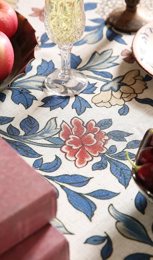 patdrea Designer Blue Tablecloth for Rectangle Table,Vintage Linen with Leaves and Floral Pattern Long Table Cloth,Farmhouse Decor Cover for Kitchen Dining Christmas,Thanksgiving,63"x94"-Ivar a