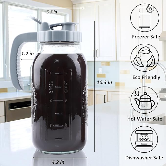 Cold Brew Coffee Maker 64 OZ 2 Pack Mason Jar Cold Brew Pitcher With Infuser 2 Quart Wide Mouth Iced Coffee Maker With Pour Spout Lid And Handle Half Gallon Airtight & Leakproof Pitcher For Fridge