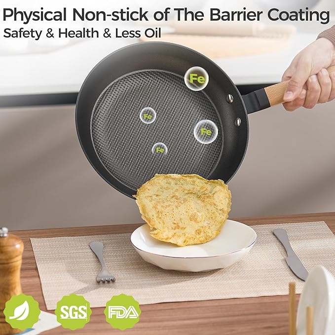 YUTANN 10 Inch Non-stick Frying Pan,Pre-seasoned Cast Iron Skillet with Detachable Wooden Handle,Lightweight,Dishwasher Oven Safe (500°F)