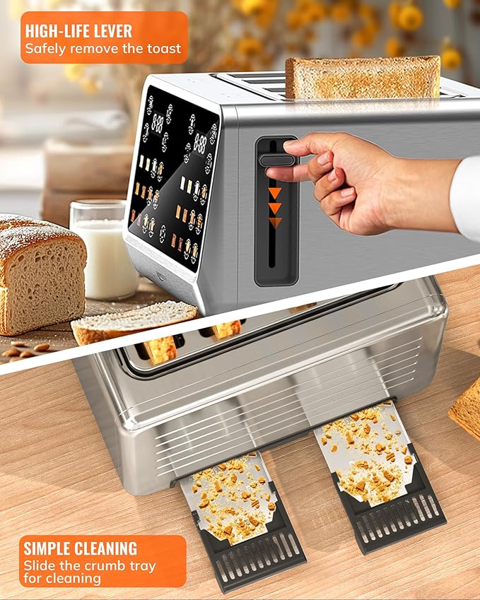 Keenstone Toaster 4 Slice, Digital Smart Toaster with TouchScreen, Dual Control Panel, Single Slot Toasting, Timer, Reheat & Defrost for Bagels, Bread, Waffles, Stainless Steel Kitchen Essentials