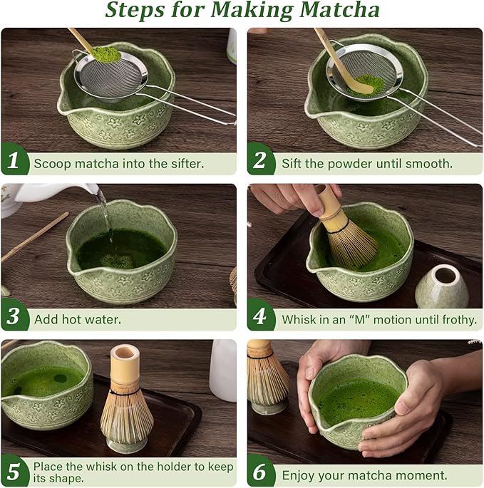 ALBISS Matcha Whisk Set - 7 Pcs Ceramic Matcha Kit with 18oz Spout Bowl & Cherry Blossom Design, Bamboo Whisk & Holder, Scoop, Rest, Sifter, Towel, Elegant Japanese Tea Gift Set for Macha Lover, Green