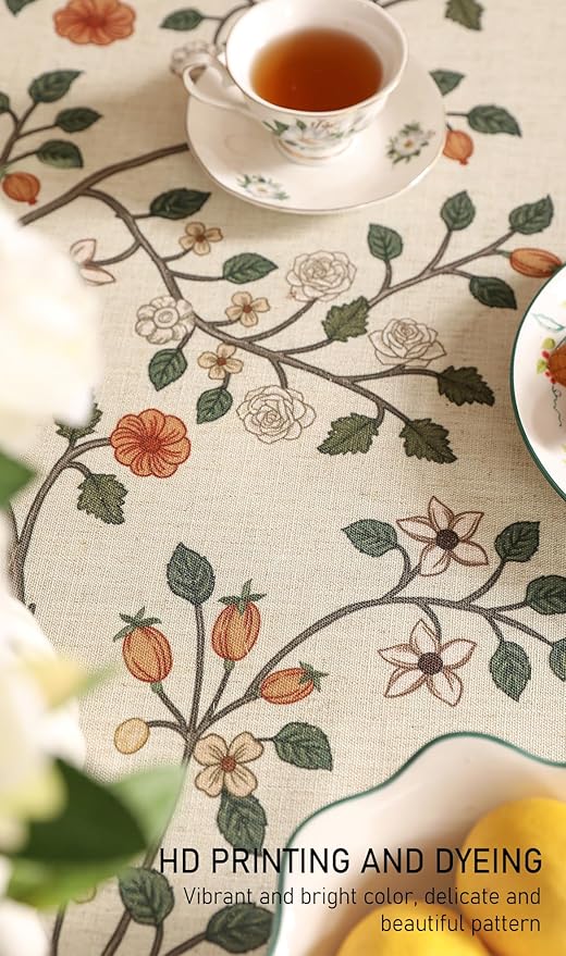 ISAENNE Designer Floral Long Rectangle Tablecloth,French Linen Light Beige Indoor Table Cloth,Fall Wrinkle Resistant Decor Tablecloths for Dining Thanksgiving Kitchen Party,63"*102"-Flora A