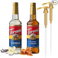 2 Syrup Pump Dispenser Bundle with Torani Coffee Syrup, Vanilla & Caramel Flavors, 25.4 oz Bottles