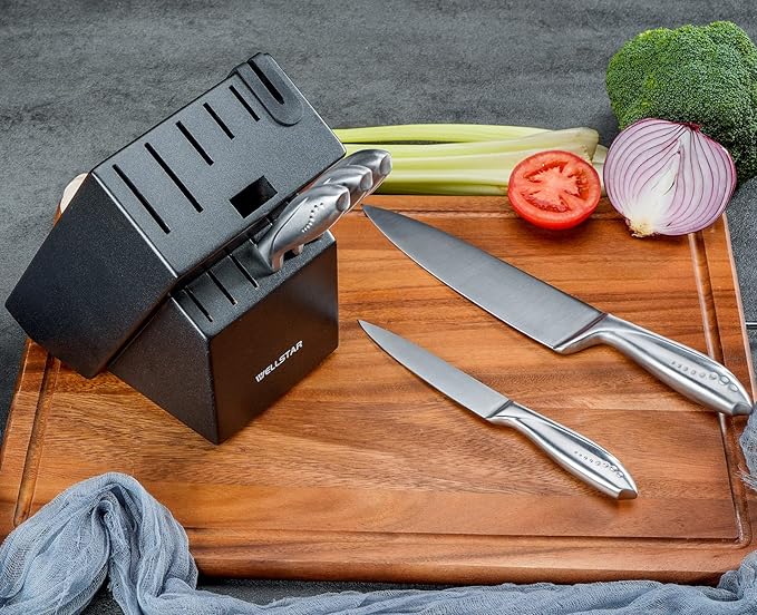 12 Slot Kitchen Knives Block, WELLSTAR Natural Wood Knife Holder without Knives – Hard Wood Countertop Knife Storage with Built-in Knife Sharpener - Black