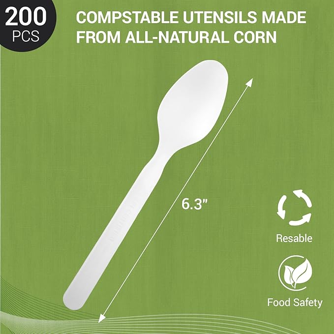 Compostable Spoons [200 Pcs] CPLA Spoons Disposable BPI Certified BPA-Free, Heat Resistant, Durable Disposable Utensils Alternative to Plastic Silverware for Daily, Party & Camping