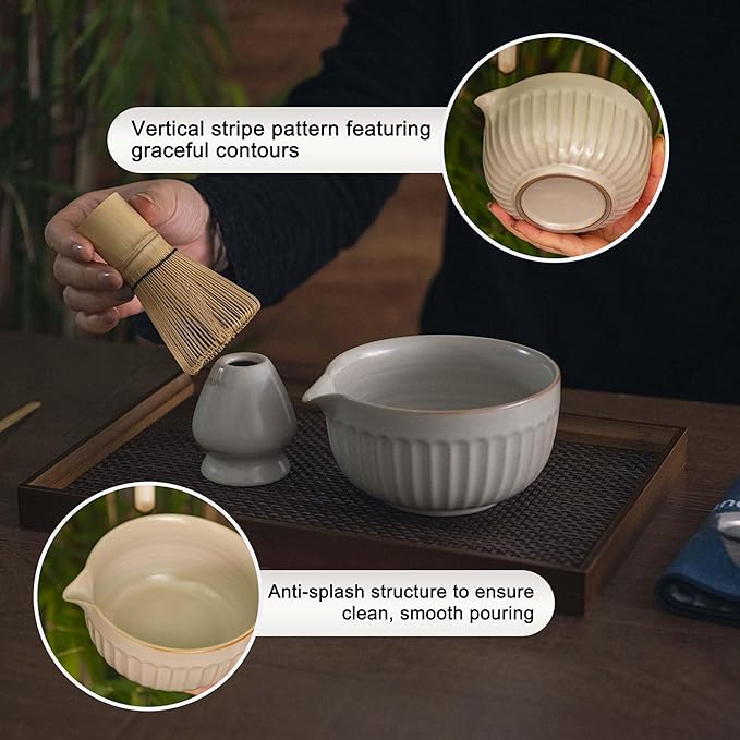 Matcha Whisk Set, Japanese Tea Ceremony Kit, 18oz Spout Bowl, Bamboo Whisk Scoop, Ceramic Holder Sifter Towel,7 pcs Matcha Tea Kit for Matcha Lovers, Christmas, Birthday Gift(White)