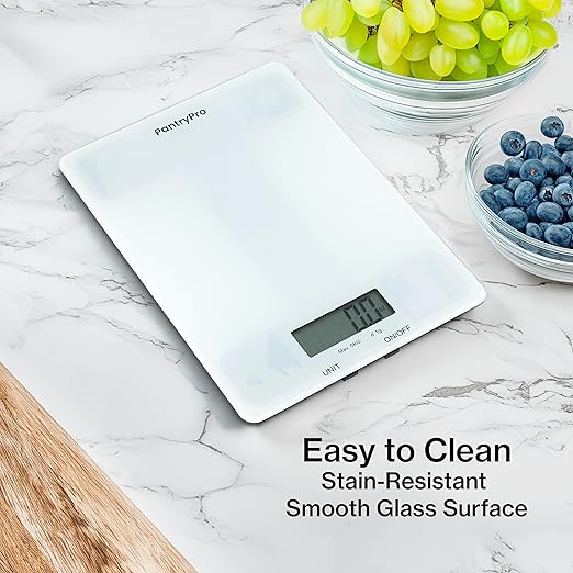 Glass Platform Digital Kitchen Scale - for Food Coffee Lab - LCD Display gram Ounces lb:oz fl.oz ml - 11 LB/5 KG Capacity - Battery Included - White by The Display Guys