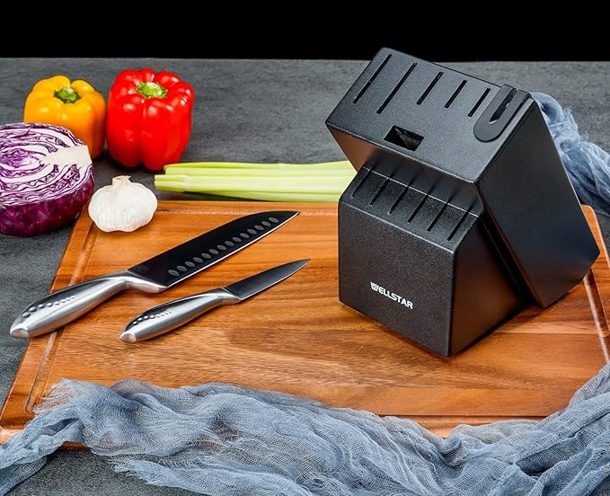 12 Slot Kitchen Knives Block, WELLSTAR Natural Wood Knife Holder without Knives – Hard Wood Countertop Knife Storage with Built-in Knife Sharpener - Black