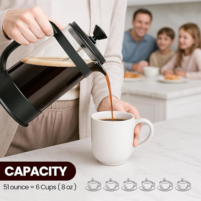 Utopia Kitchen 34 Ounce 1 Liter French Press Coffee Maker, Tea Maker, Travel Coffee Presses, Heat Resistant Thickened Borosilicate Coffee Pot for Camping Travel Gifts, Black Pack of 1