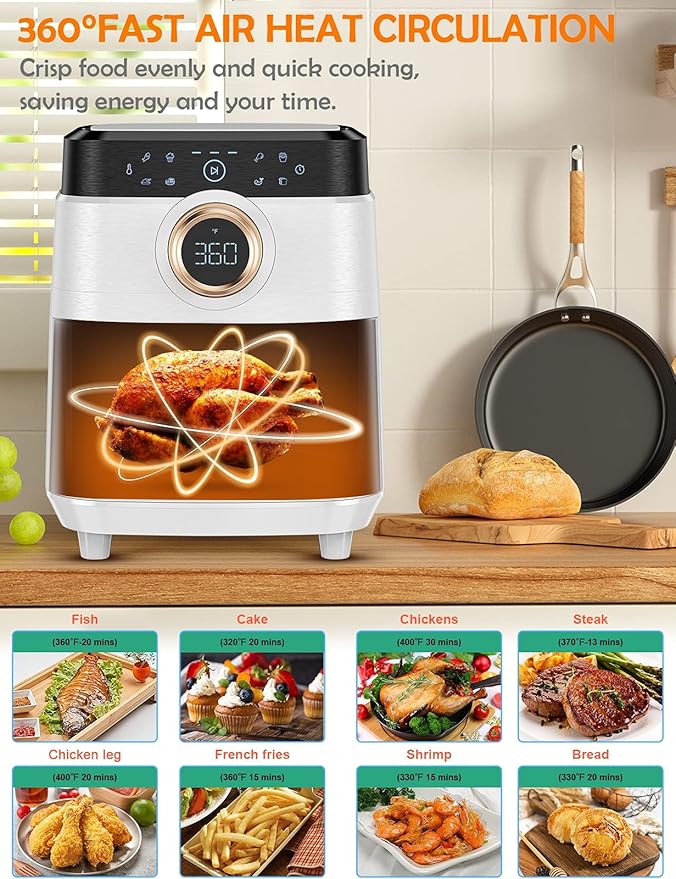 Air Fryer, ALLCOOL Airfryer Oven 8QT Large 1700W 8-in-1 with Touch Screen Air Fryers Dishwasher Safe Nonstick Basket Freidora de Aire 36 Recipes BPA & PFOA Free White