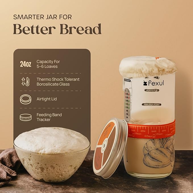 Sourdough Starter Kit with 9 Inch Banneton Bread Proofing Basket, 24oz Starter Jar & Recipe Book – Complete Sourdough Bread Baking Supplies Set with Dough Whisk & Scraper for Artisan Home Bakers