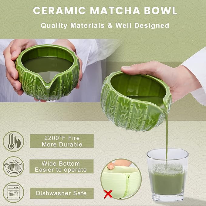 Matcha Whisk Set, Cactus Light Green Ceramic Matcha Set Includes Matcha Bowl, Matcha Whisk (Chasen) and Holder, Sifter, Bamboo Scoop & Spoon - 6 Pcs Matcha Kit for Matcha Lovers