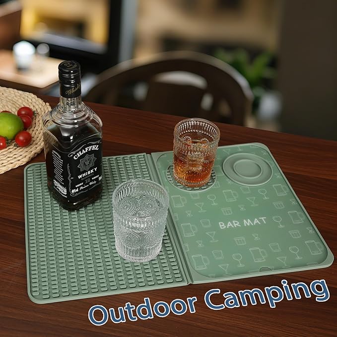 Foldable Bar Mat 18x12 inch - 3-in-1 Silicone Drying Mat with Removable Cutting Board & Rim Tray | Countertop Protector for Home, Outdoor, Travel | Professional Cocktail Accessories (green)