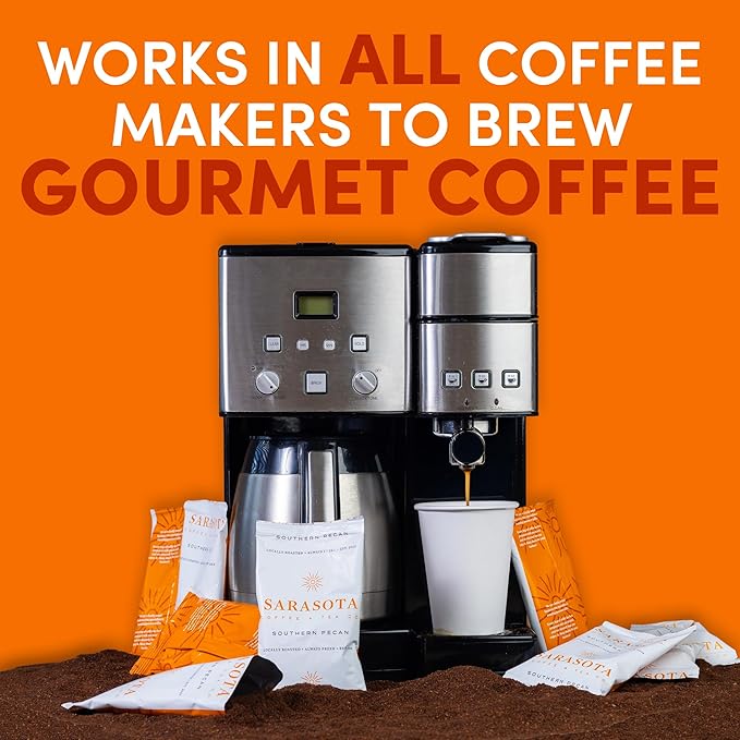 Sarasota Coffee Packs Bulk Ground Packets | Southern Pecan Flavored | Gourmet Assorted Gift Set Sampler | Low Acid Mold Free Individual Pouches for 12 Cup Coffee Maker | 1.75 Oz Bags, 100 Count